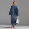 Women's Half Button Stand Collar Lantern Long Sleeve Loose Maxi Denim Dress Vintage Washed Straight Pocket Long Dress Spring Casual