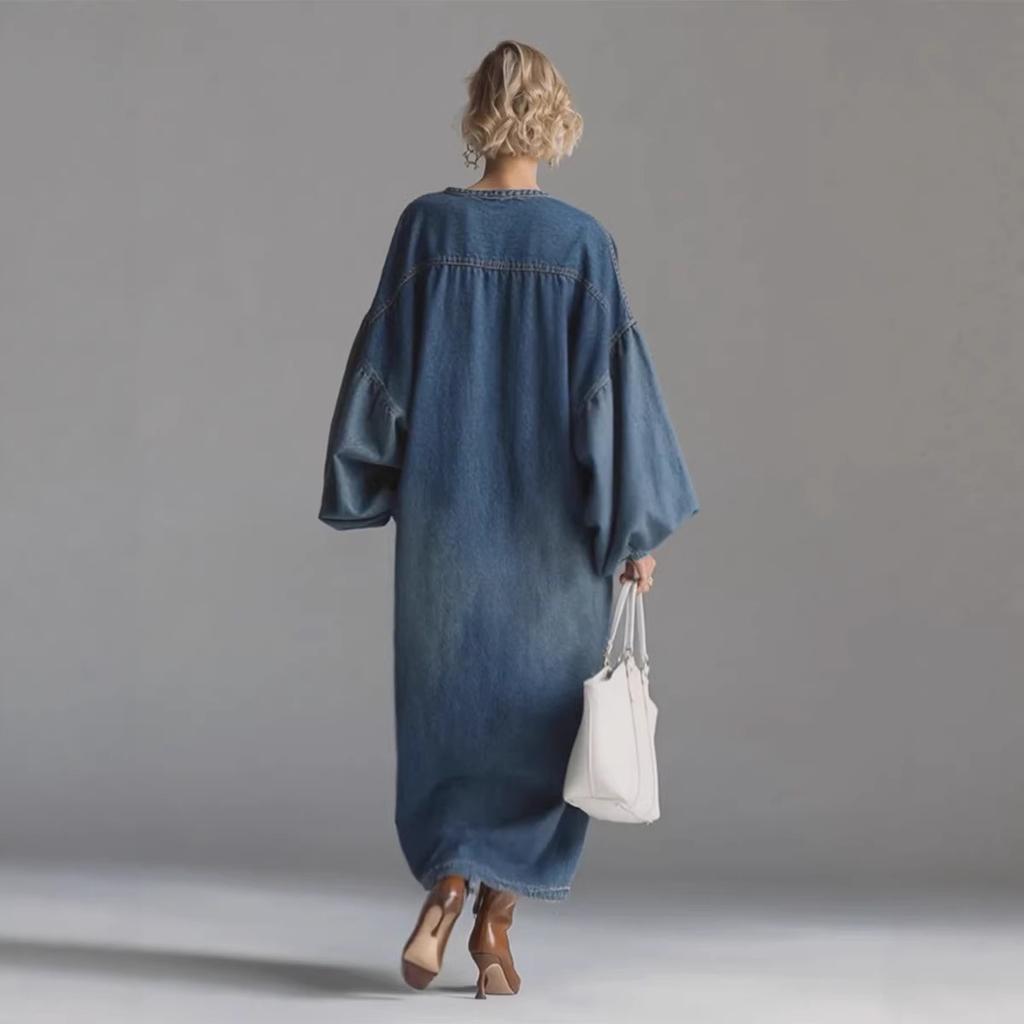 Women's Half Button Stand Collar Lantern Long Sleeve Loose Maxi Denim Dress Vintage Washed Straight Pocket Long Dress Spring Casual