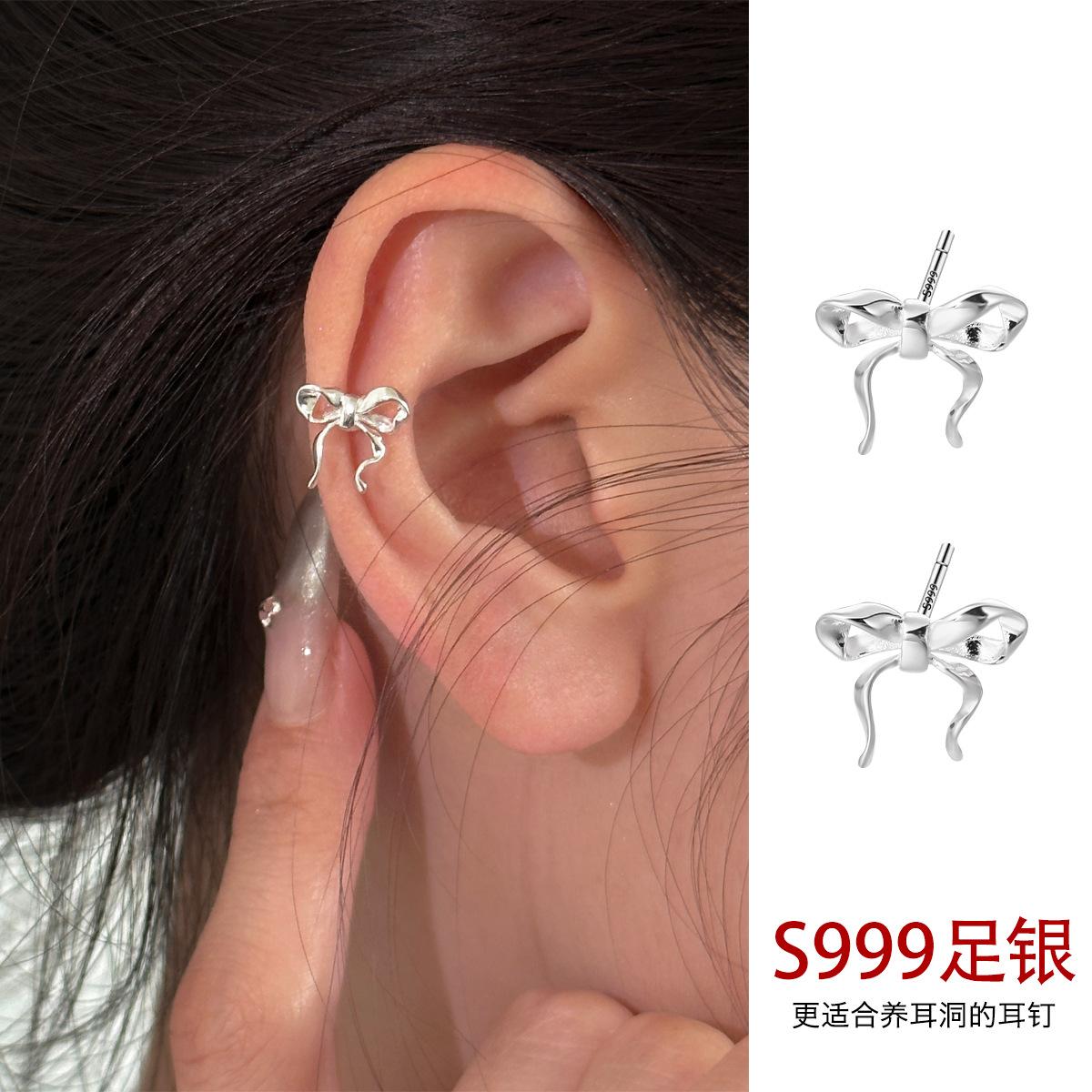 

Серьги-пусеты в виде бантиков из стерлингового серебра 999 пробы, женские, легкая роскошь, изысканные, нишевые, персонализированные серьги, высококлассные осенние новые серьги 999 silver