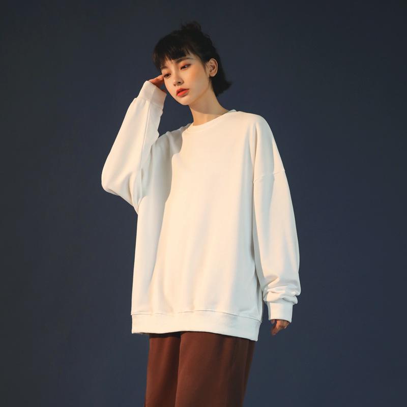 Spring Crew Neck Sweatshirt: Drop Shoulder, Solid Color, Long Sleeve, Logo-Printed Workwear.