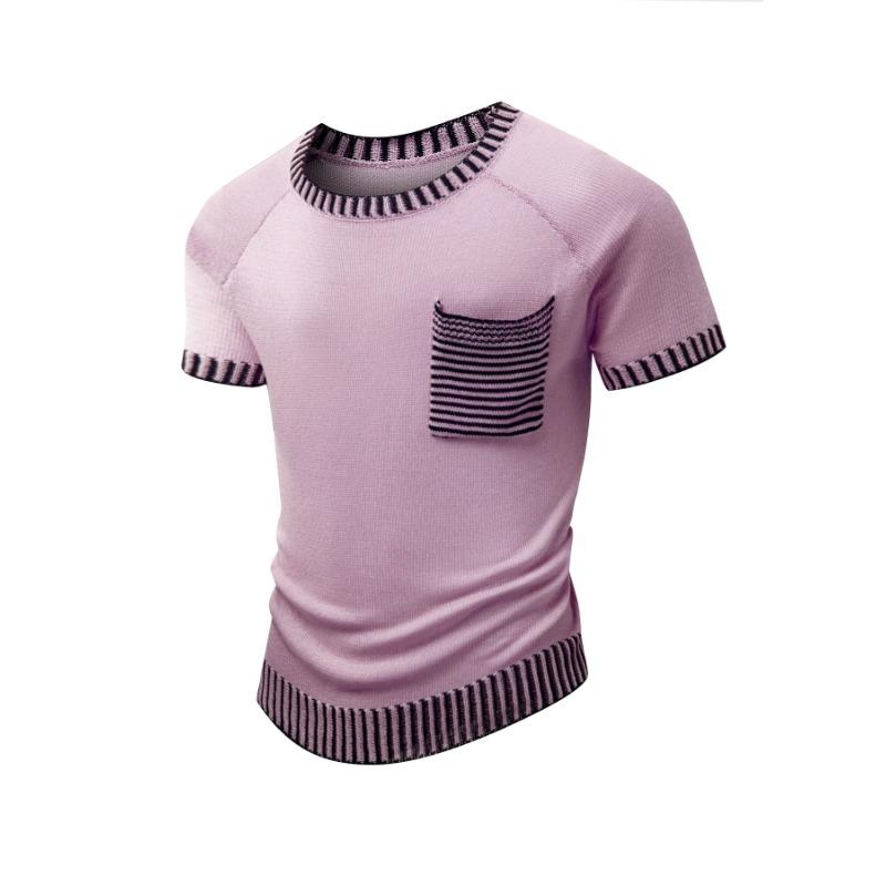 Men's Light Blue Contrast Stripe Trim Crew Neck Raglan Short Sleeve Knit T Shirt