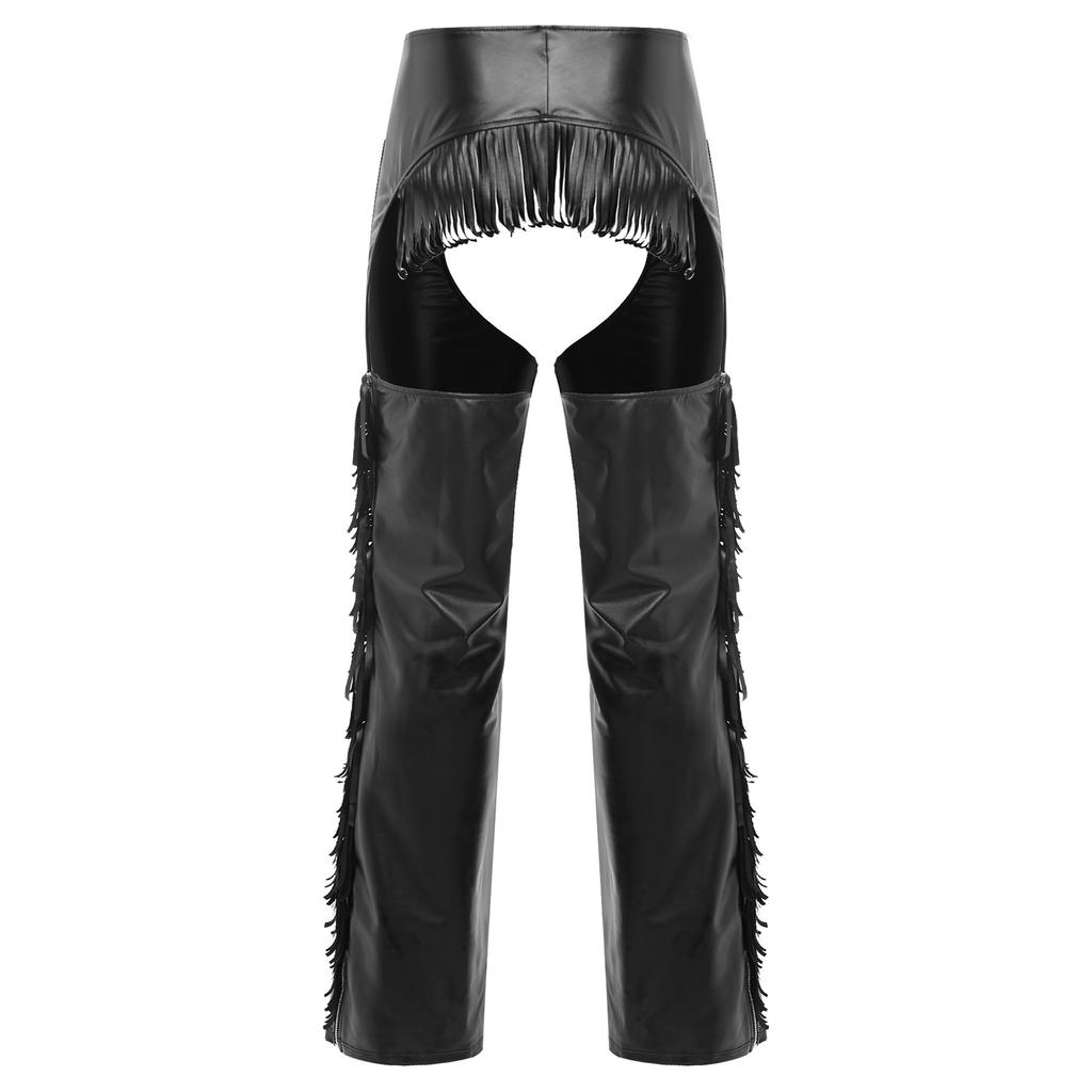 Pantaloni da Cowboy Occidentali da Uomo in Ecopelle con Frange, Lati Tagliati, Zip, Frange