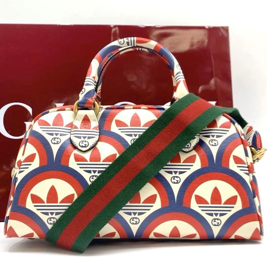 GUCCI ADIDAS Collaboration Double Branded Multi Color 2Way Duffle Bag Sherry Line Mini Boston Shoulder Bag Leather
