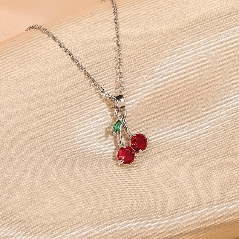 Women's Luxury Zircon Cherry Pendant Necklace - Elegant Copper Clavicle Chain