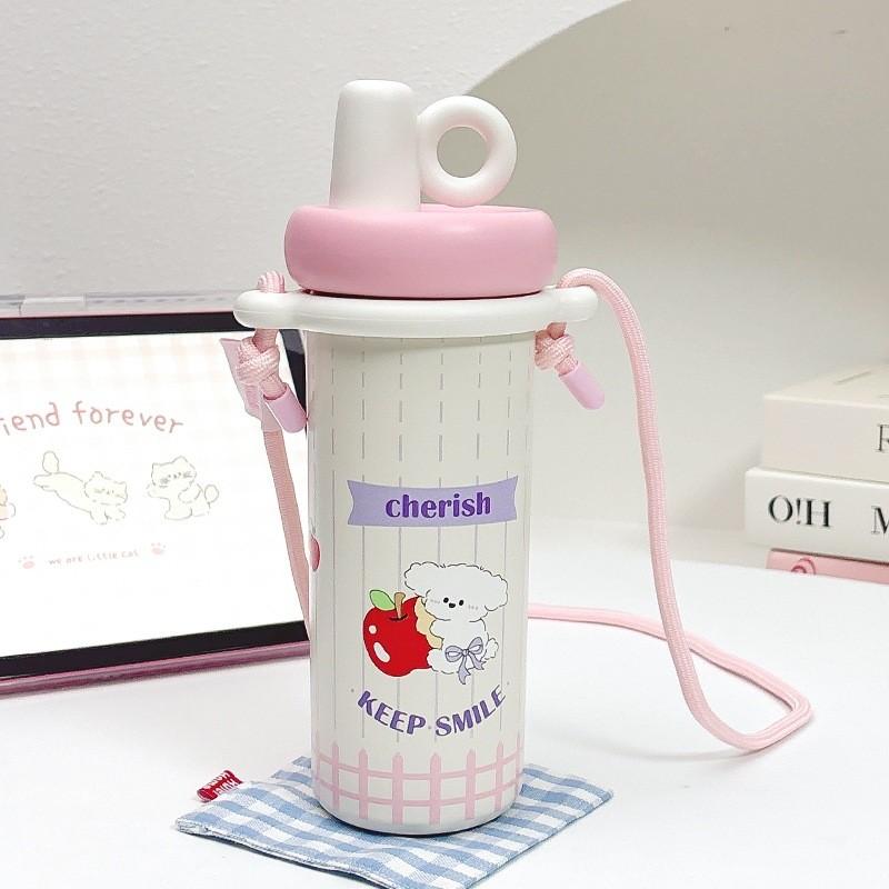 Cute Cat 600ml Insulated Water Bottle With Double Drinking Straws For Kids And Teens