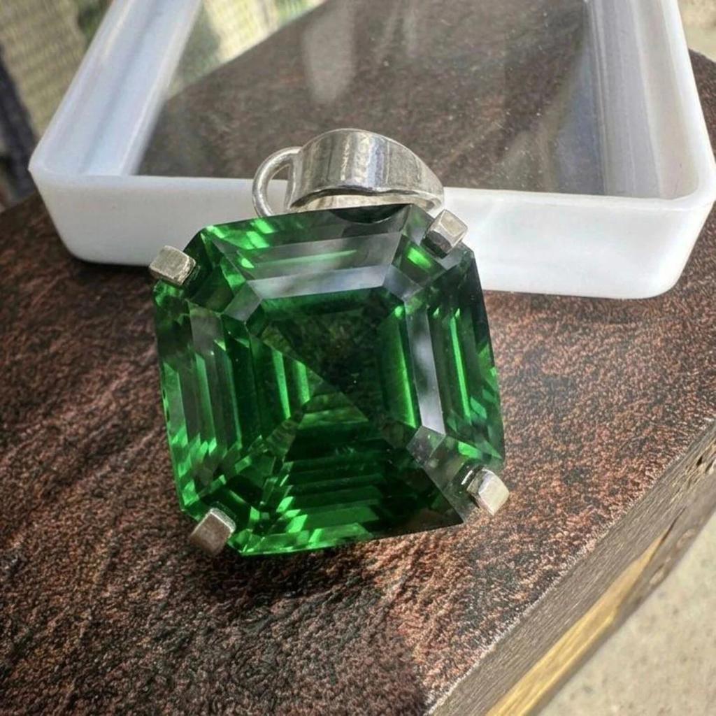 Natural Green Emerald 25 Ct Asscher Cut 925 Sterling Silver Gemstone Pendant