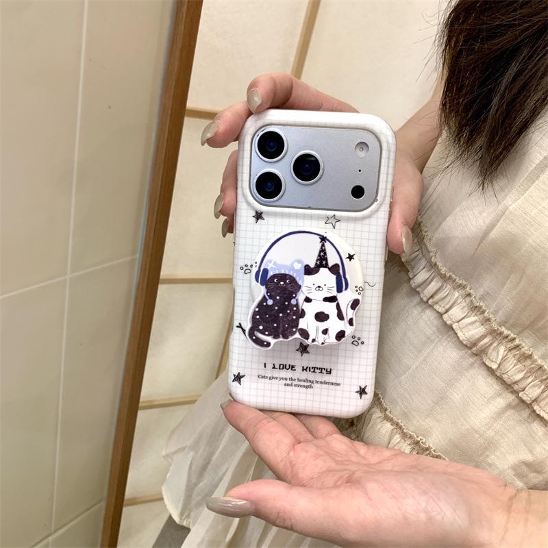 Korean Plaid Cat Headphones Magnetic iPhone Case for 17 Pro Max/16/15/14
