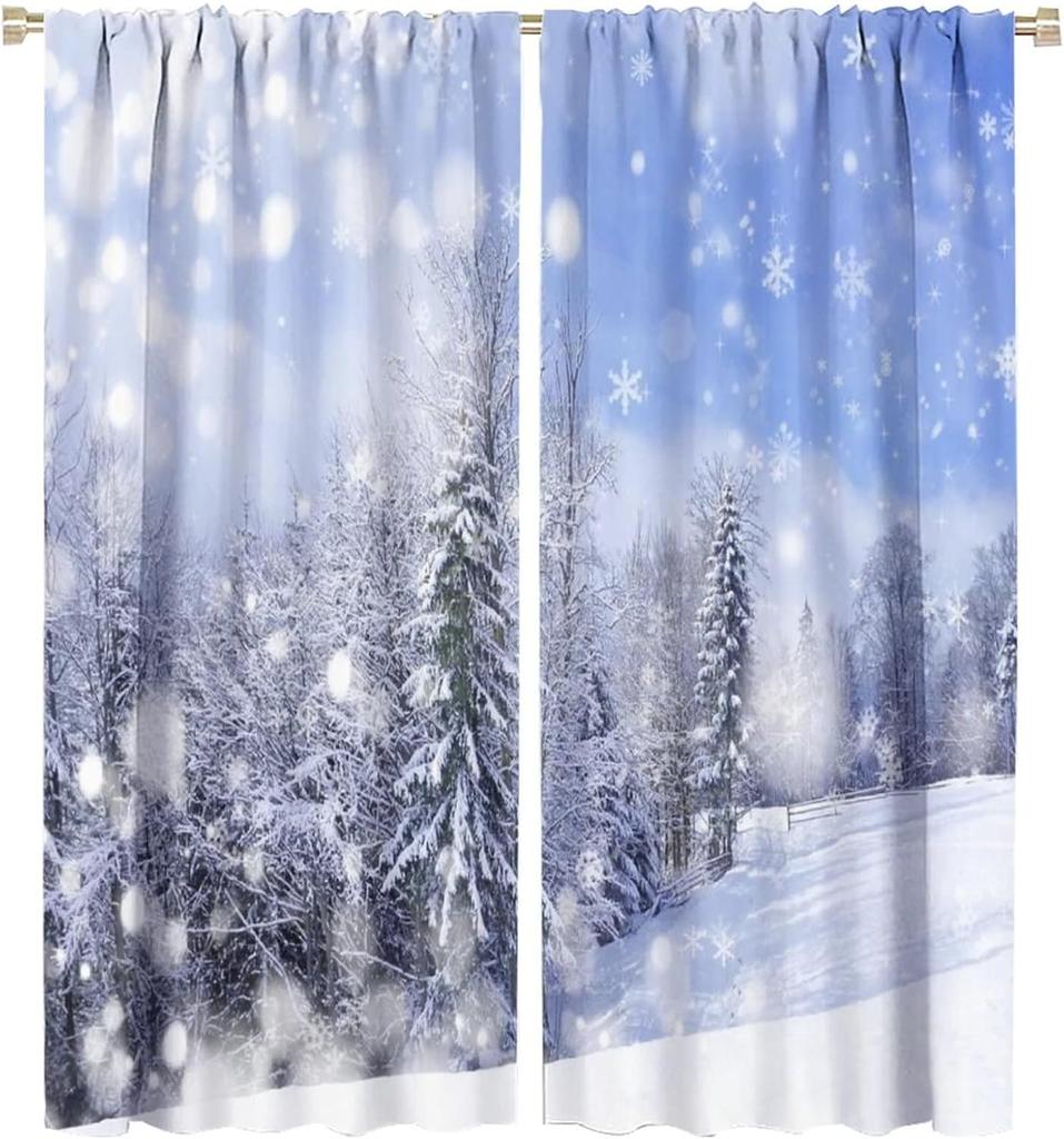Winter Forest Curtain Natural Landscape Snow Covered Tree Window Curtains Living Room Bedroom Kitchen Office Cafe Blackout Polyester Ideal For Great