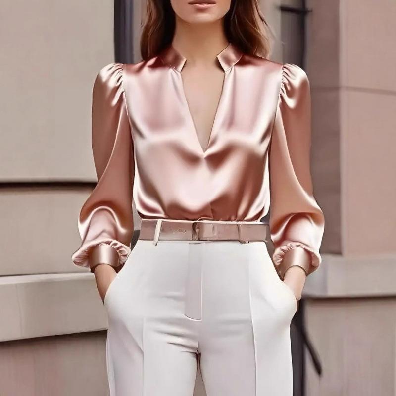 2025 New Spring and Autumn Satin Long-sleeved Slim Professional Style Design Tops for Women