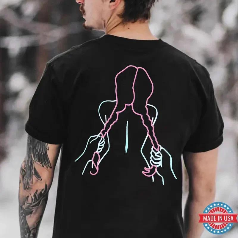 A Girl with a Long Braid Linear Black Print T-shirt XL