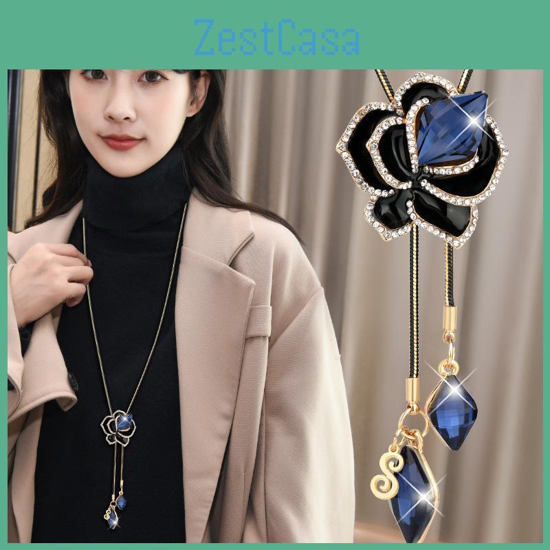 Exquisite New Blue Rose Floral Crystal Sweater Necklace Trendy Long Pendant Jewelry