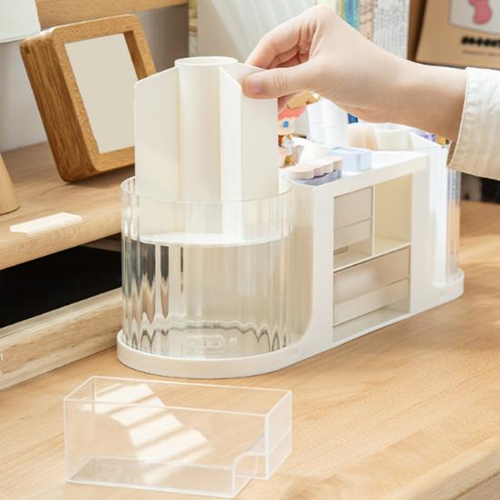 Pen Holder with Drawer Desk Organizer Transparent Rotatable Design Large Capacity Pencil Pen Holder Storage Box