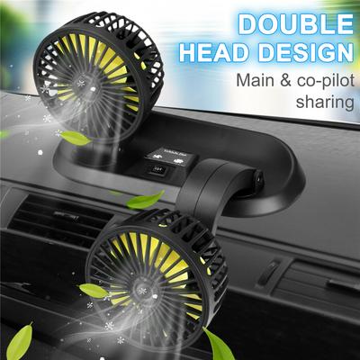 12V Black Folding Car Fan with Two Heads, 360° Rotatable, Automatic Air Cooler, Low Noise