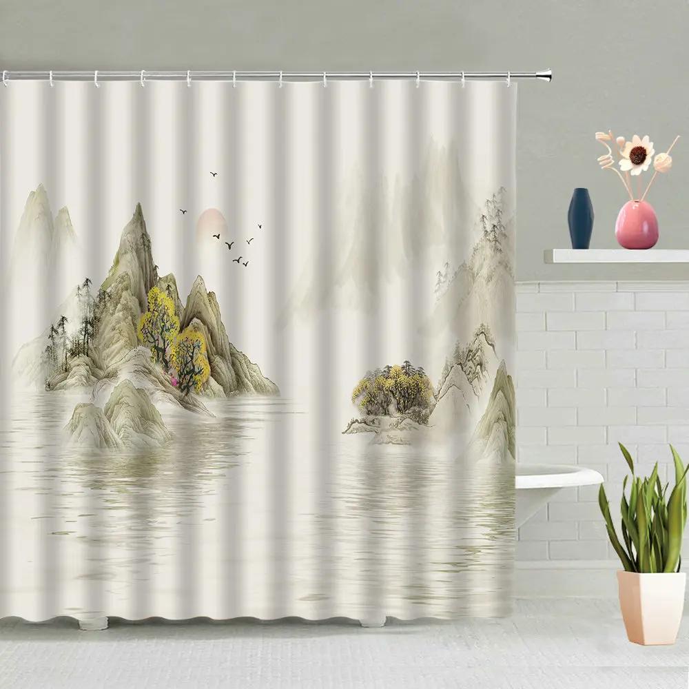 Chinese Style Ink Painting Shower Curtain Landscape Flower Tree Plant Boat Plum Living Room Background Wall Bathroom Screen Hook