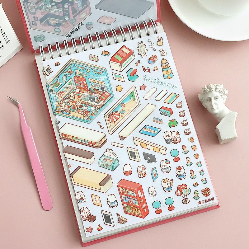 Miniature Scene Collection Book with 20pcs Scene Card Paper & 25pcs Sticker & 1 Count Tweezers, 3D DIY Decorative Sticker Book,