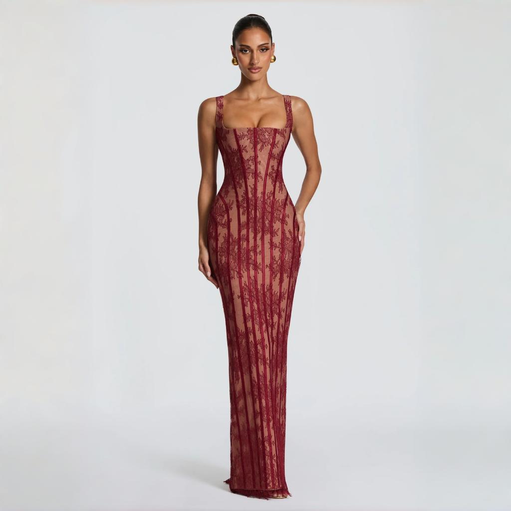 European and American Women's Clothing Fashion Lace Fish Bone Suspender Long Dress Waist Evening Dress Strap Hip Tube Top Dress