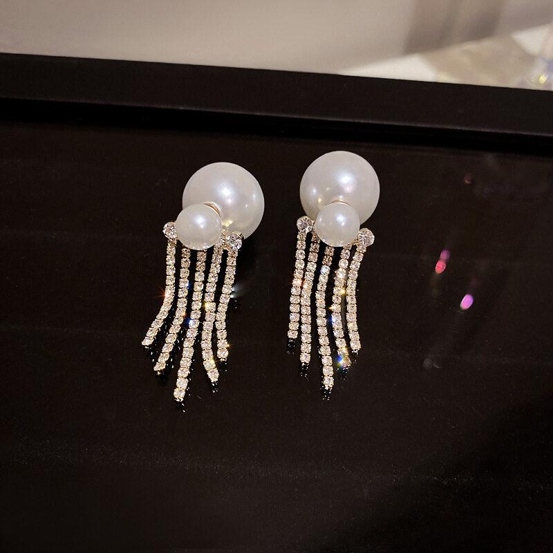 Faux Pearl Two-sided Shell Zircon Earring Elegant Fashion Women Shiny Crystal Imitation Pearl Handmade Earrings Party Jewelry Gift
