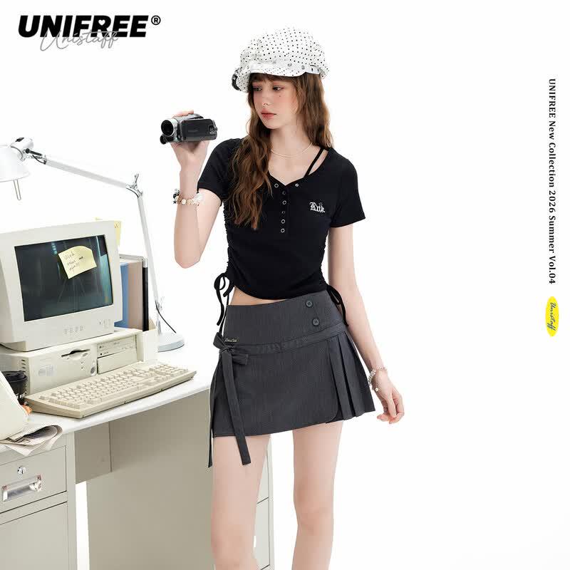 

UNIFREE Women s V-Neck Drawstring Crop Top One Size
