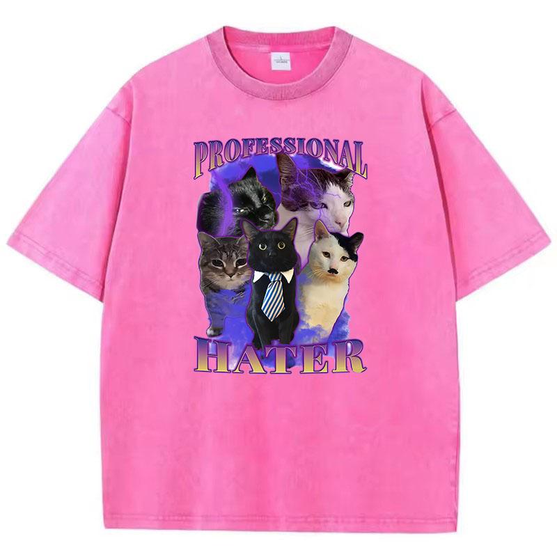 Retro T-Shirt Vintage Gewaschenes Baumwoll-T-Shirt Professioneller Hater Katze Grafik-T-Shirt Lässige Streetwear Frühling Sommer