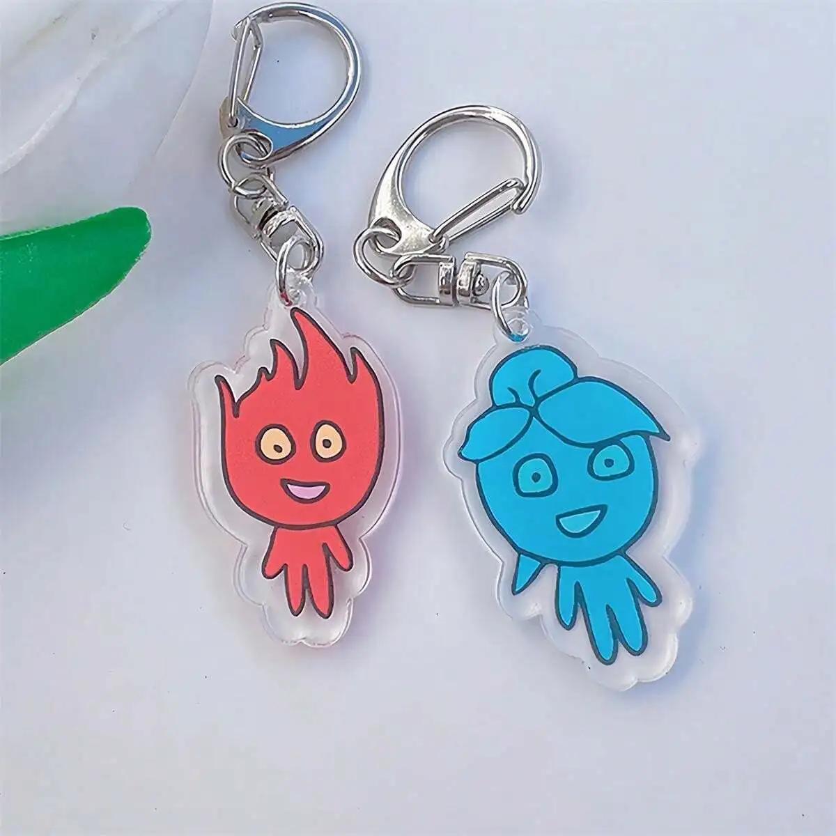 

2 Acrylic Anime Couple Keychains, Ice & Fire Theme Cartoon Pendants - Cute Bag Charm For Women