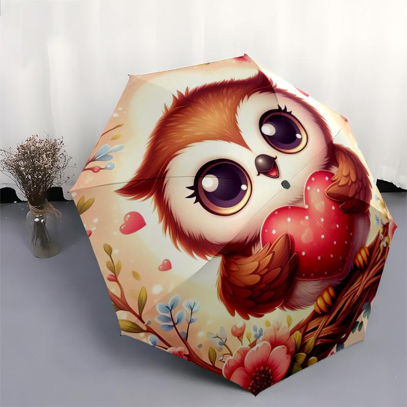 1pc Cute Owl Holding Heart Umbrella with Plastic Handle,Suitable for All Seasons Home Travel Outdoor UmbrellaDD312