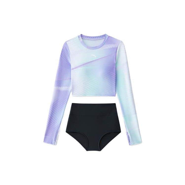 Anta Tie-Dye Round Neck Pullover Long Sleeve T-Shirt High Waist Split Swimwear Women Tops, Swimwear Light-Purple Pure-White Basic-Black 1823531443-1