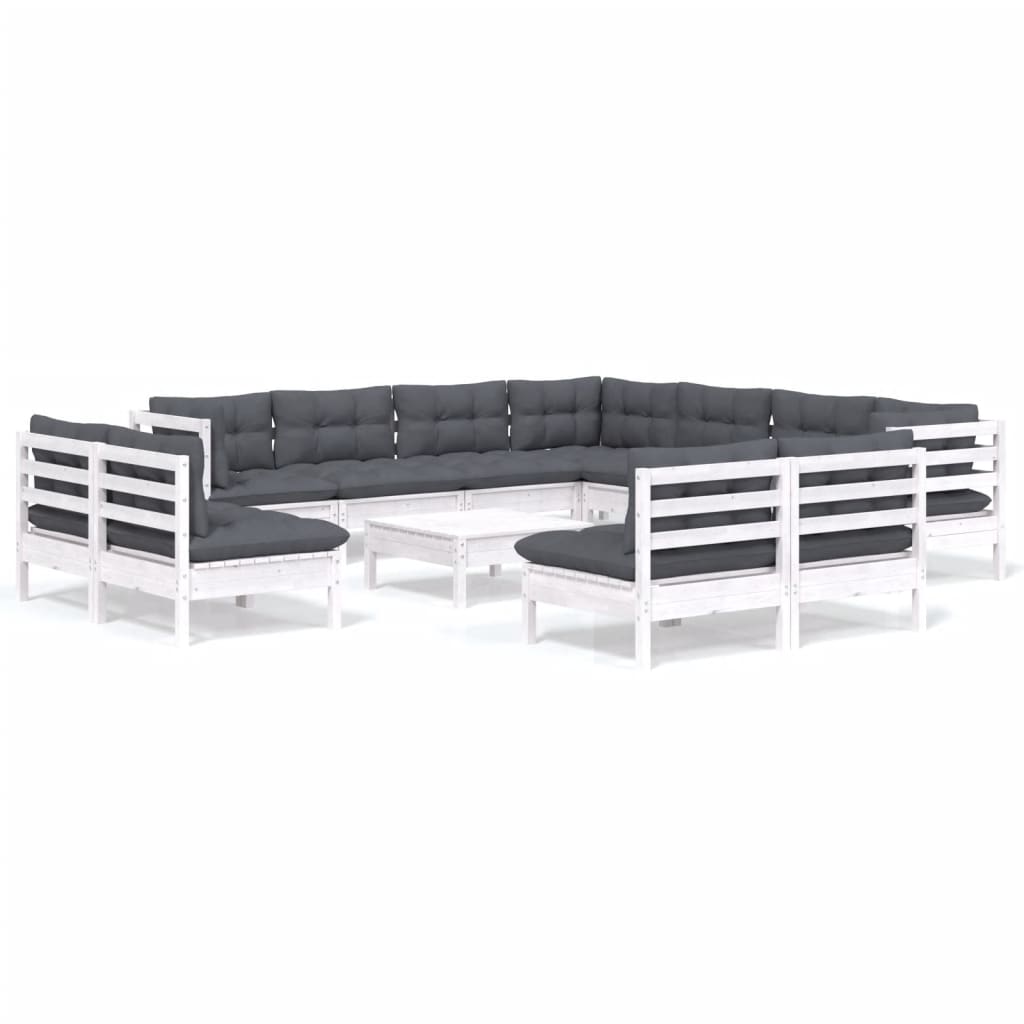 12 Piece Garden Lounge Set with Cushions White Solid Pine Wood