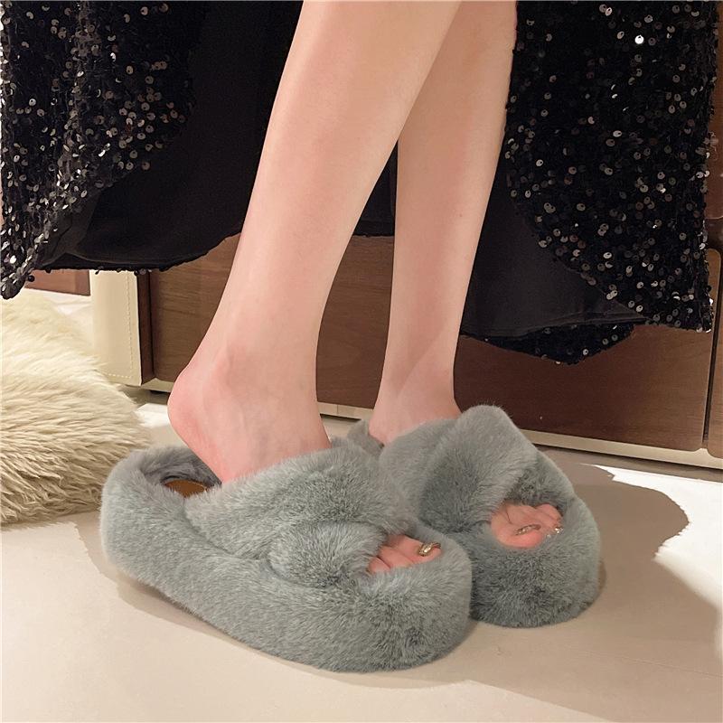 Large Size Thick Bottom Heightened One-word Fluffy Slippers for Women's Outer Wear Fleece Non-slip Versatile 2025 Spring and Autumn New Cotton Mop