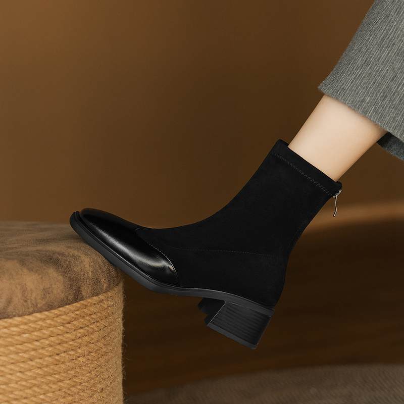 Krazing Pot Microfiber Flock Winter Square Toe Modern Size 33 Boots Size 43 Zipper KPOP Style Fashion Stretch Ankle Boots