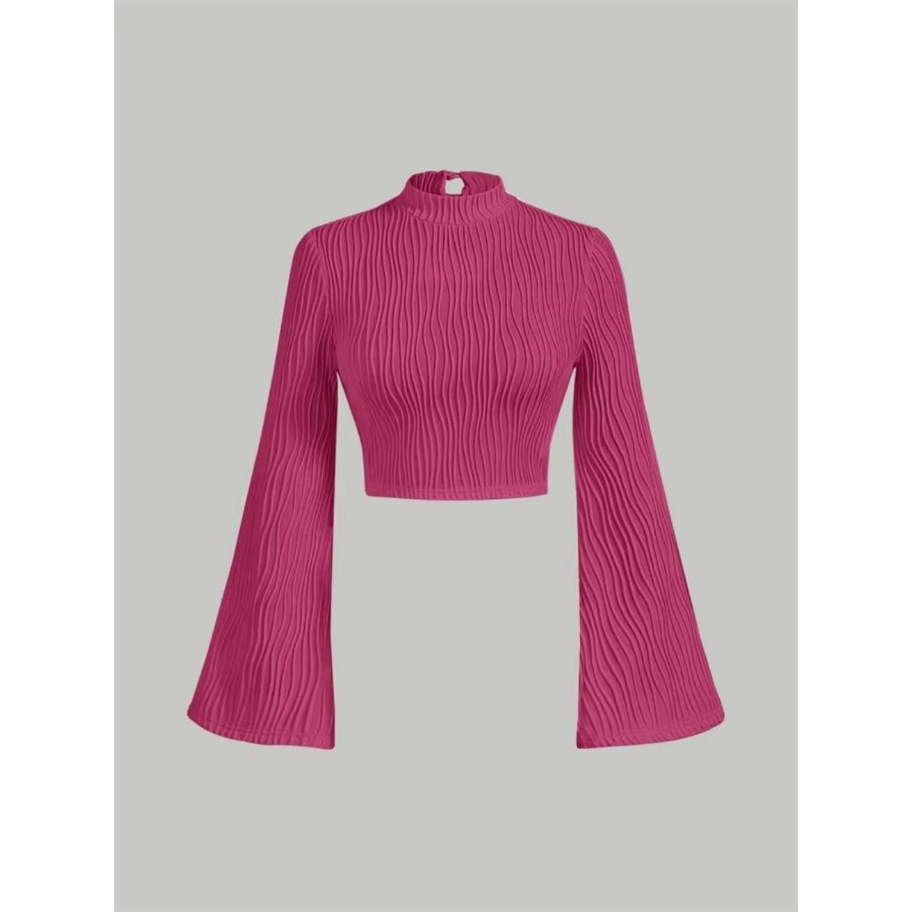 Women Textured Mock Neck Flare Long Sleeve Crop Top Elegant Preppy Style Y2K Rib Knit Slim T Shirt Blouse