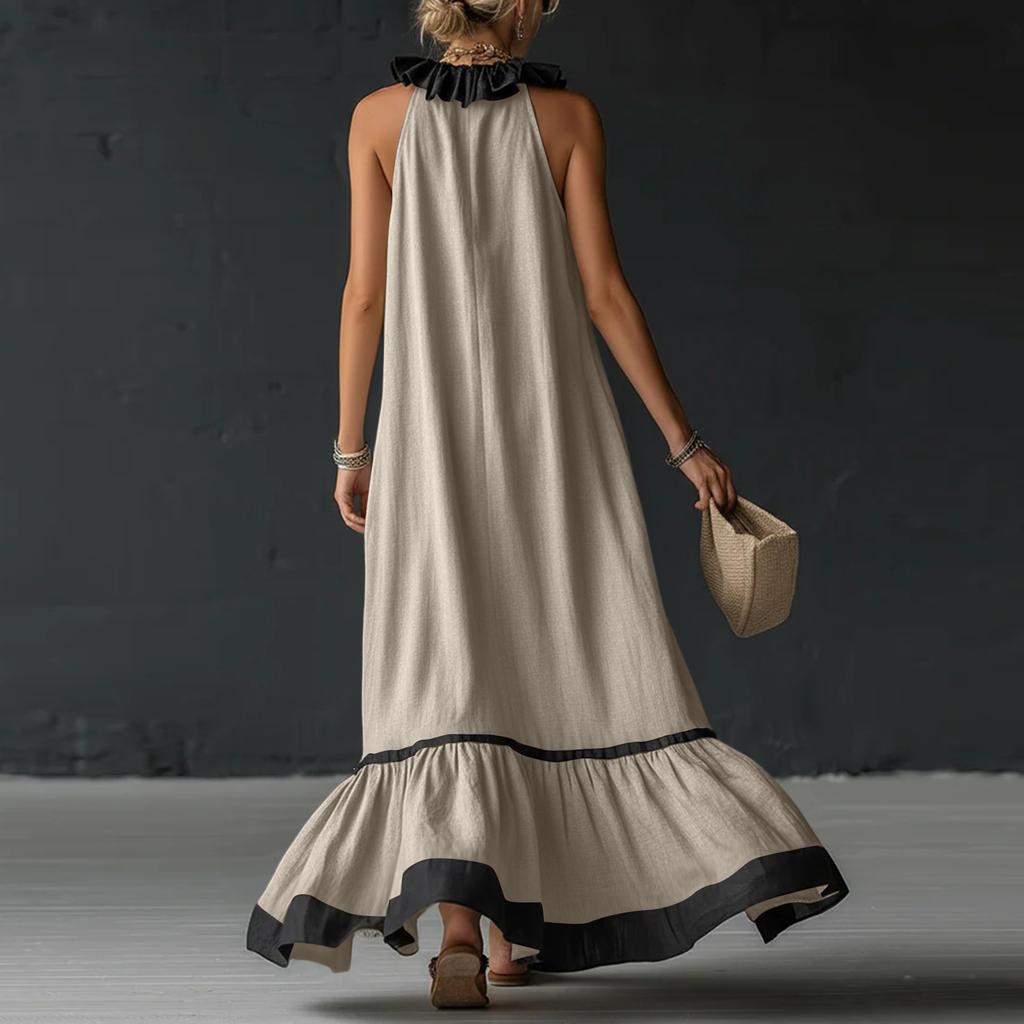Women’s Fashion Ruffle V Neck Sleeveless Maxi Dress with Trim Relaxed Fit Flowy Vacation Style Dress for Casual Wear