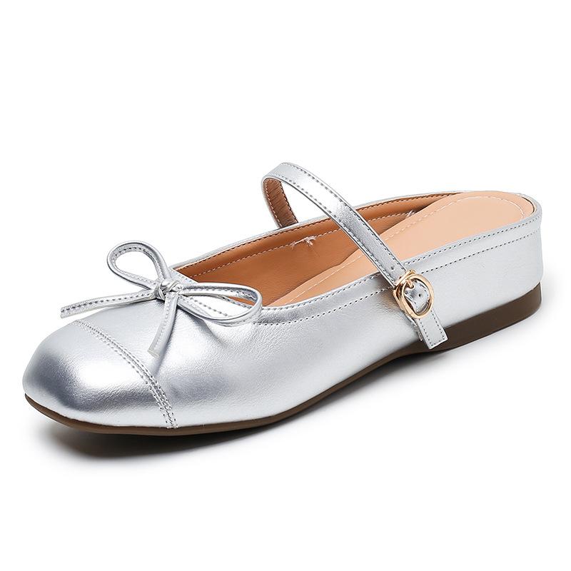 

Spring and Autumn New Versatile Inner Heightening Baotou Half Slippers Women s Bows Small People Pedal Lazy Shoes 34 серебряный