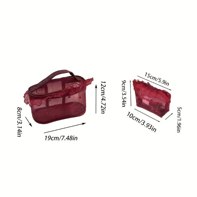 Cute Ruffle Love Embroidery Mesh Makeup Bag, Lightweight Portable Travel Cosmetic Storage Pouch