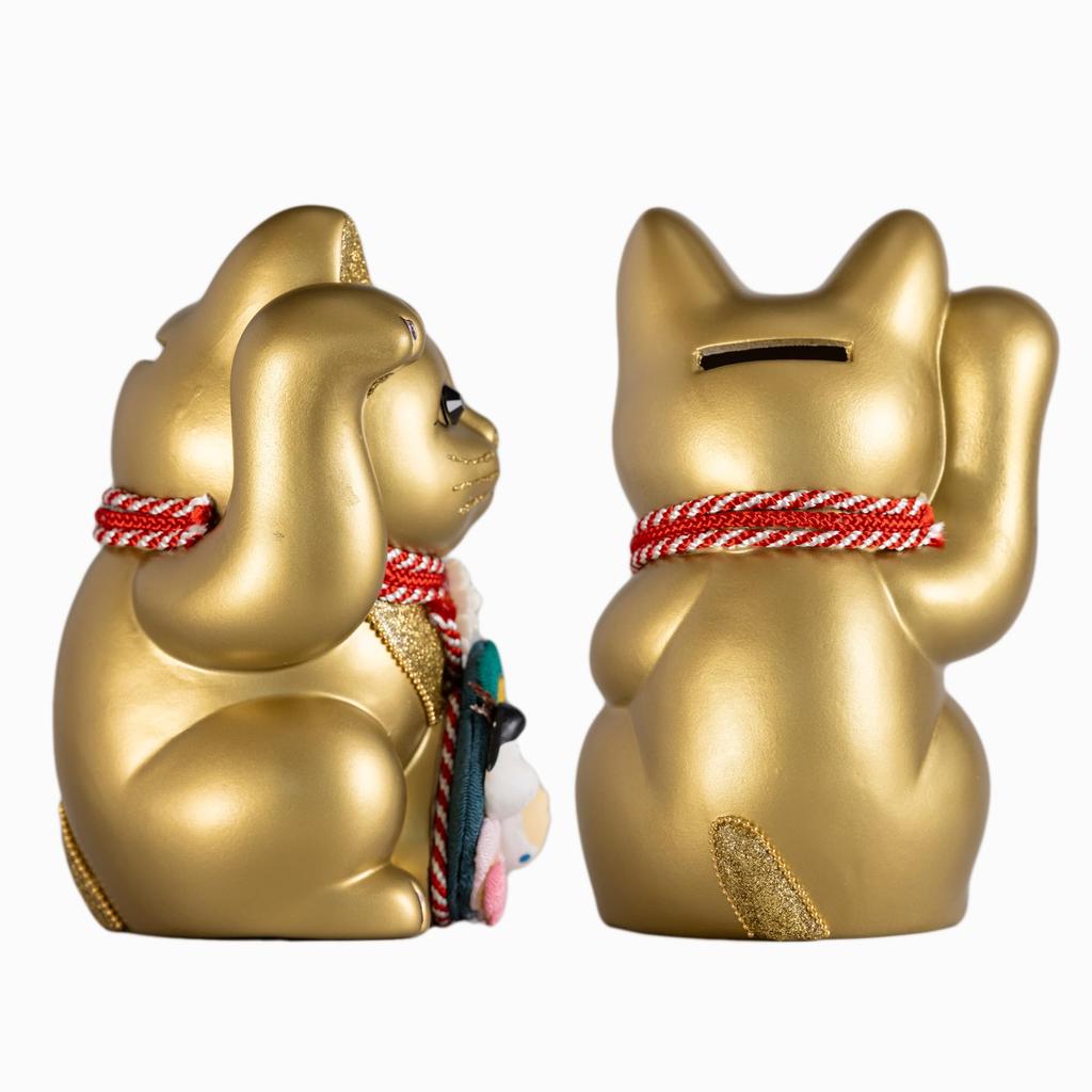 Good Luck Cat Waraku Okame Hyottoko Right Hand Lucky Cat Lucky Feng Shui Ornament Offering Box Gold (M-SIZE Gold) raised/Ceramics Maneki-neko (okm_M