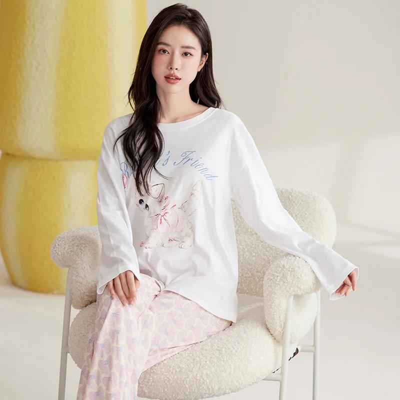 Niedliches Katzen-Pyjama-Set Damen Herbst Winter Langärmlig Lange Hose Nachtwäsche Weiche Pijamas Gemütliche Pyjamas Kawaii Nachthemd Mädchen