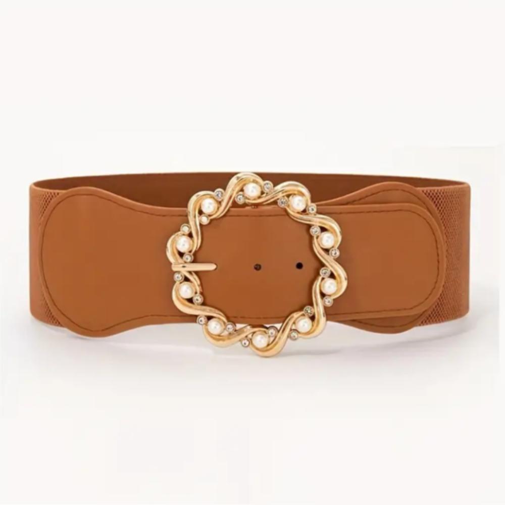 

Solid Color Wide Belts Faux Pearl Luxury Wide Belts Fashion Metal Buckle Corset Band Women