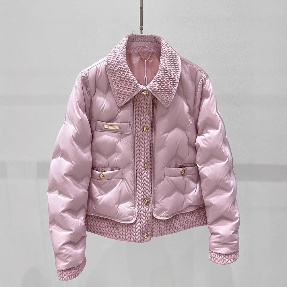 Xiaoxiangfeng Down Jacket Women's Short Fashion Woven Lapel Pressed Glue Light and Thin White Duck Down Warm Winter Coat