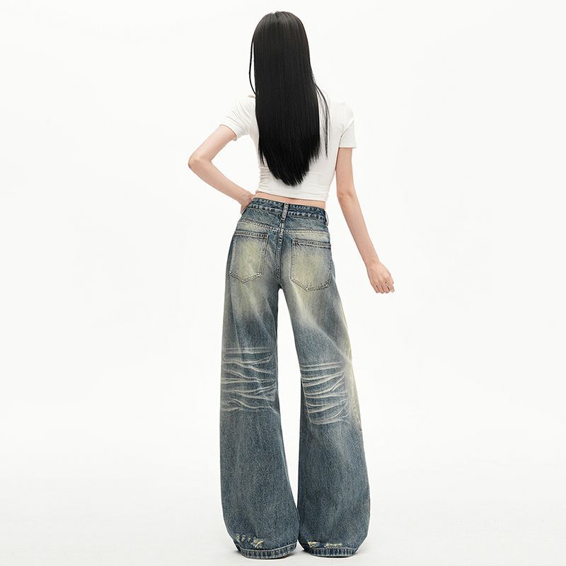 Spring Summer Dandy High Waist Drape Ripped Lazy Relaxed Wide Leg Denim Pants For Women Casual Pants Oversize Denim Trousers