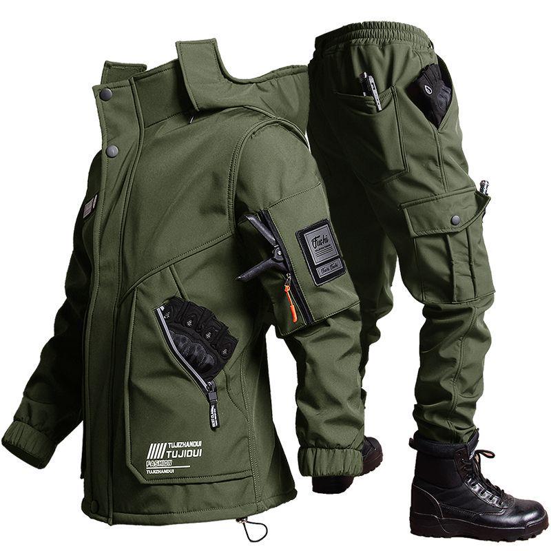 Herr 2024 Grön Taktisk Softshelljacka - Vinter Slitstark Militär Arbetskläder Set