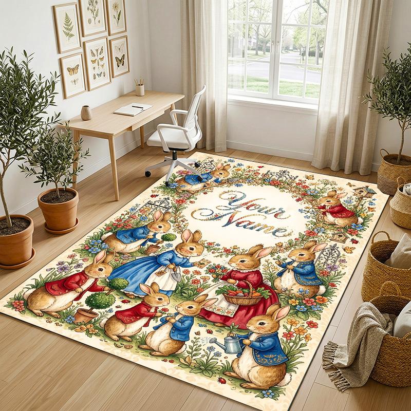 Easter Bunny Theme Crystal Velvet Rug Personalized Custom Name Text Soft Floor Mat Home Decor