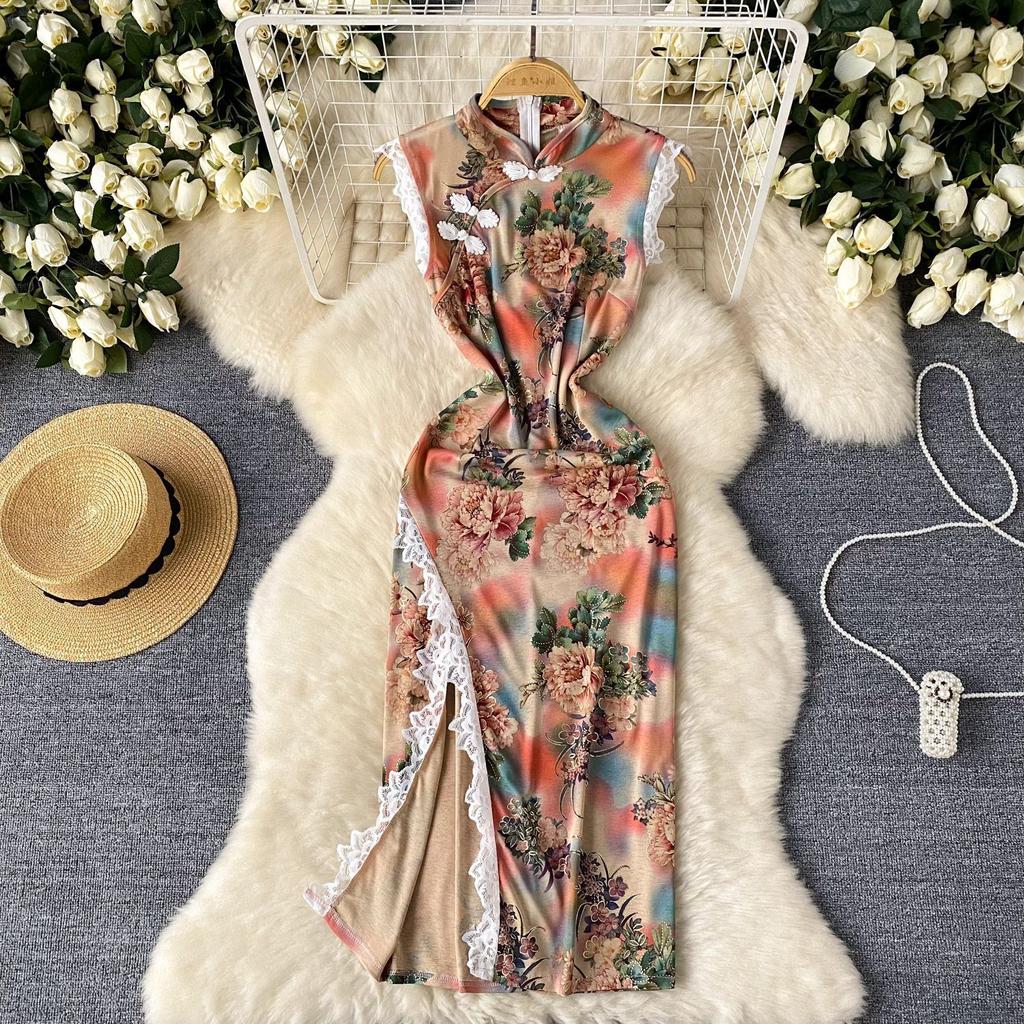 Damskie Sukienki Cheongsam z Nadrukiem, Bez Rękawów, Dopasowane, z Rozcięciem, Koronkowe Wstawki, Zapinane na Guziki