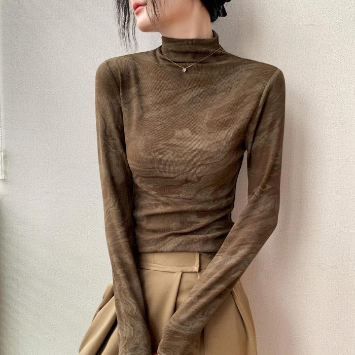 Women s Tie-Dye High Neck Long Sleeve Slim Fit T-Shirt Small коричневый