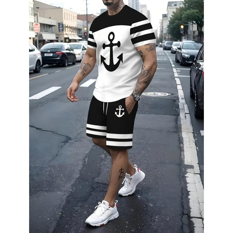 [3D Print T-Shirt Set] 3D Print Men's T-Shirt And Drawstring Shorts Set | Casual And