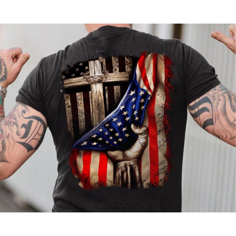 God Jesus Christ American Flag Shirt Patriotic Christian Gift Patriotism Mens Backprint Tshirt