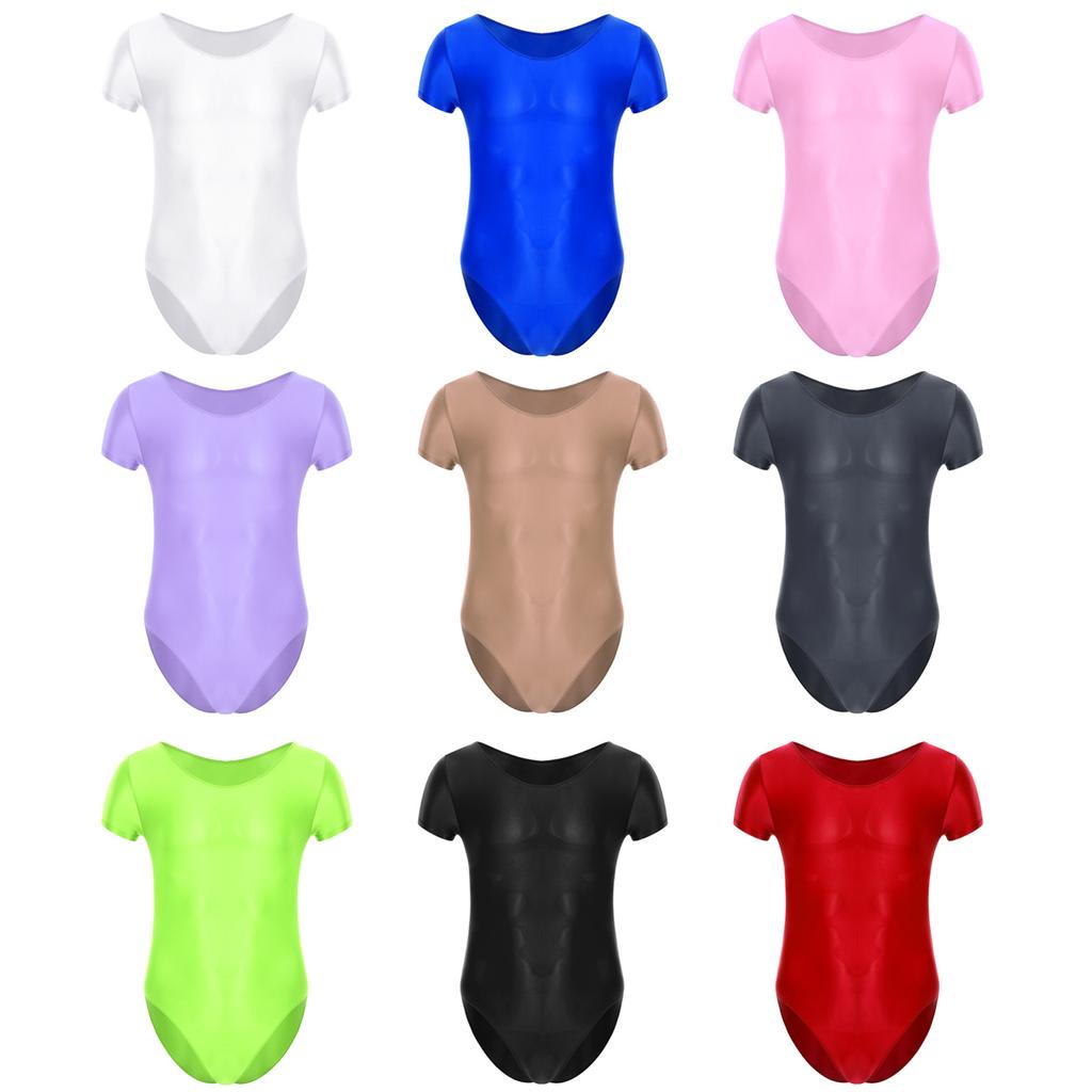 Mens Solid Color Short Sleeve Leotard Glossy Round Neck High Cut Bodysuit Swimwear Sportswear