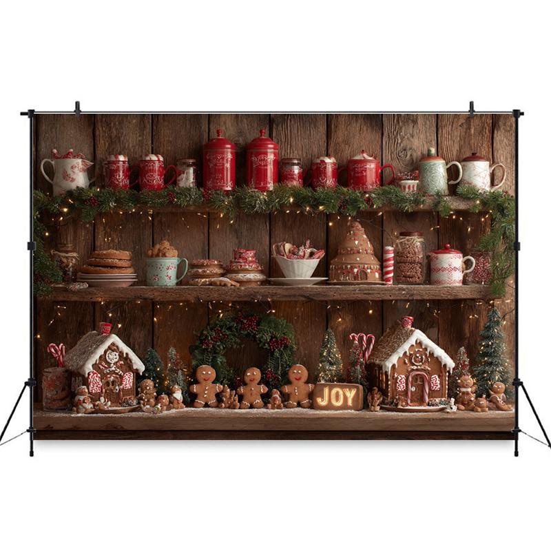 Mocsicka Christmas Kitchen Backdrop Wooden Cabinet Tableware Decorations Christmas New Year Party Festival Backgrounds Wallpaper