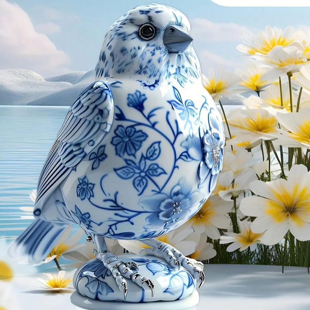 Charming Blue and White Porcelain Bird Room Decoration, Suitable for Indoor and Outdoor Decoration of offices and Terrace