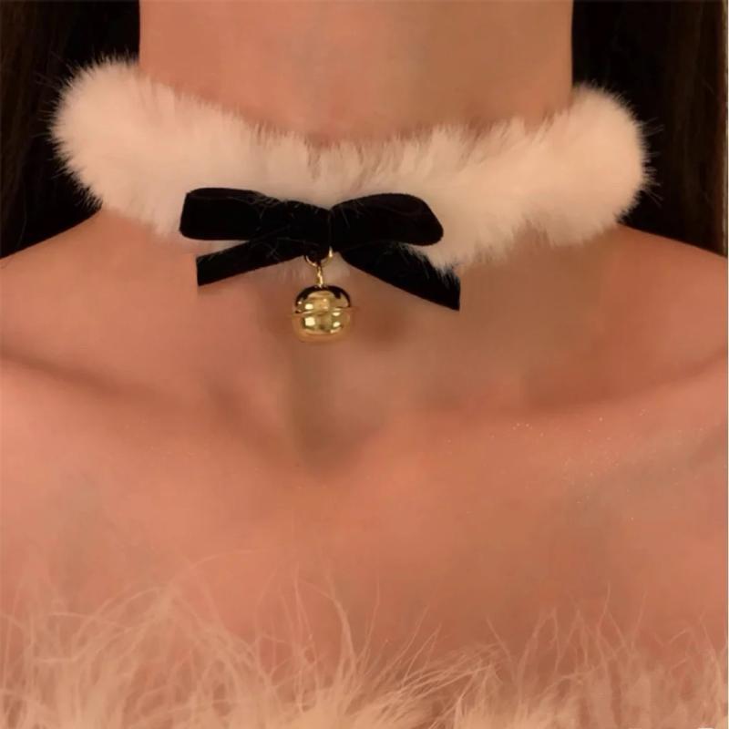 Christmas White Plush Choker Bowknot Bell Charm Fluffy Choker For Girls Women Party Necklace Fashion Jewelry New Year Gifts