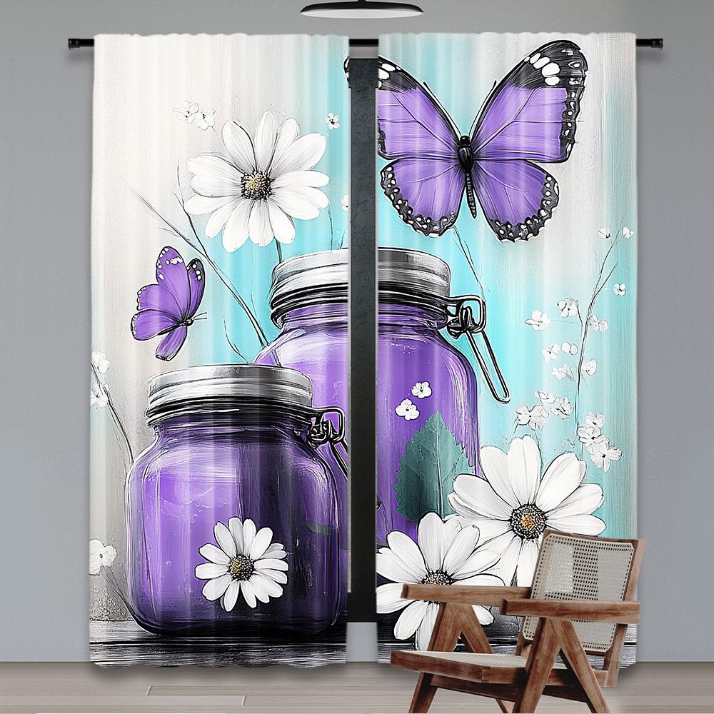 2Pcs Rustic Farmhouse Floral Curtain Purple Teal Daisy Flowers Butterfly Abstract Curtain Country Farm Turquoise Curtain