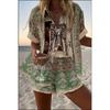Sommar Ny Dam Tryckt Kortärmad Skjorta Set Hög Midja Löst Tryckt Shorts Tvådelat Casual Mångsidigt Set